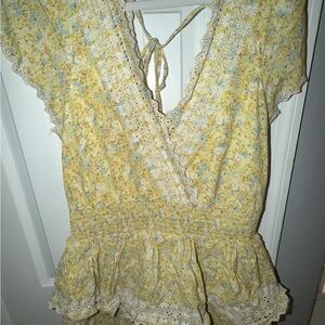 American Eagle Outfitters Yellow and Blue Floral Lace Blouse